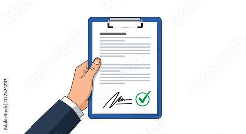 A hand in a suit holding a clipboard with a signed document and a checkmark.