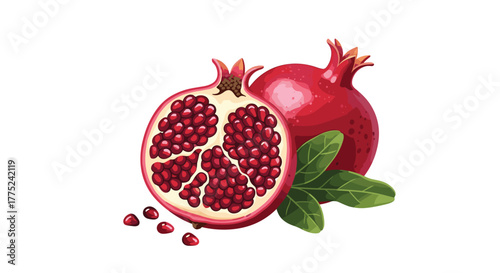 A vibrant illustration showcases a fresh pomegranate, sliced to reveal its juicy seeds, with another whole pomegranate and green leaves beside it.