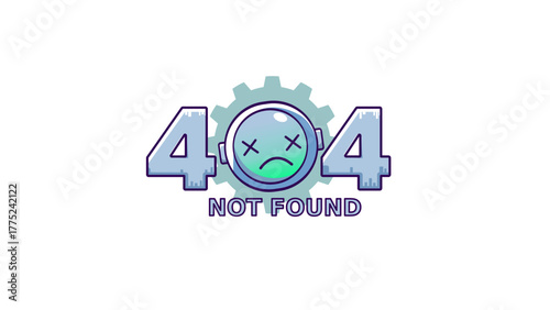 A playful graphic of a large 404 with a sad emoji at the center, set against a blue gear backdrop. Conveys missing pages, web errors, and tech issues in a modern style.