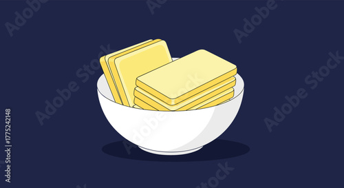 A minimalist illustration features a white bowl brimming with neatly stacked yellow rectangular food items, like butter or toast slices, on a dark blue.