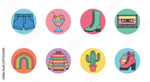 Collection of colorful retro-themed icons featuring clothing, accessories, and decorative elements.