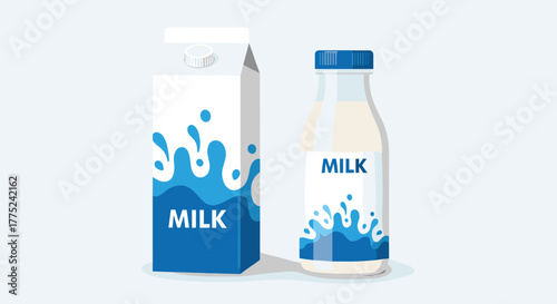 Illustration of a carton and a bottle of milk with blue splashes and labels, showcasing dairy products and healthy beverages.
