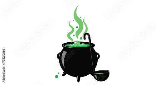 A bubbling cauldron with green potion, steam, and a ladle, perfect for Halloween or mystical themes, on a white background.