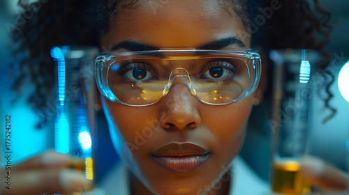 A scientist, wearing safety goggles, intently examines a chemical solution in a laboratory setting. The blue lighting creates a focused, professional atmosphere