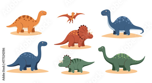 Set of diverse prehistoric cartoon dinosaur species, including triceratops, long-necked, and flying dinosaurs, for kid-friendly designs.