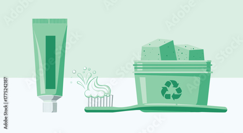 Illustration of toothpaste tube next to toothbrush with paste and a recycling bin filled with cubes.
