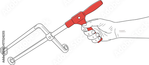 Hand holding a red pipe cutter tool, black and white line art with color accent for plumbing, DIY, or construction-themed vector illustrations