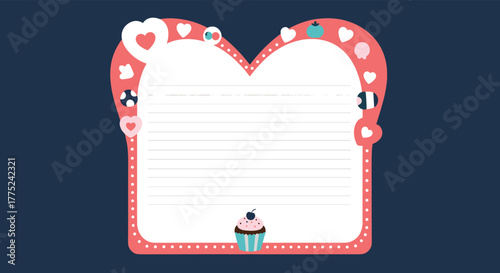 Cute heart-shaped notepad illustration with lines for writing, ideal for romantic messages, love notes, or creative projects.