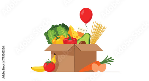Cardboard box overflowing with fresh groceries and a red balloon floating above.