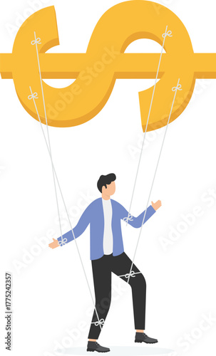 Puppet masters, capitalists, and crude management—one hand controls gold coins,
