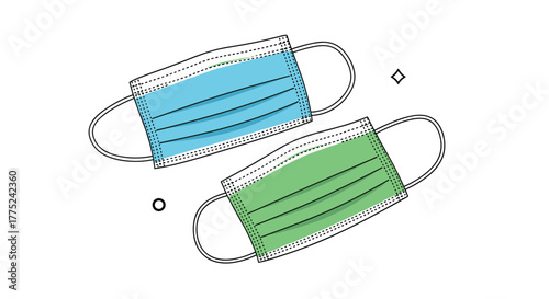 Two colorful disposable face masks on a white background, symbolizing protection and health.