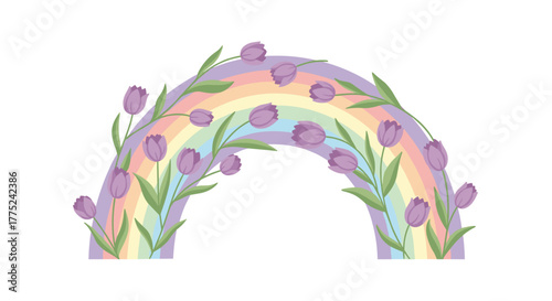 Pastel rainbow arch adorned with delicate purple tulips and green leaves bloomed softly.