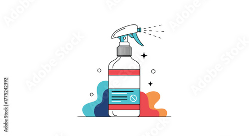 Illustration of a spray bottle, depicting cleaning and hygiene, with liquid droplets and decorative elements around it.