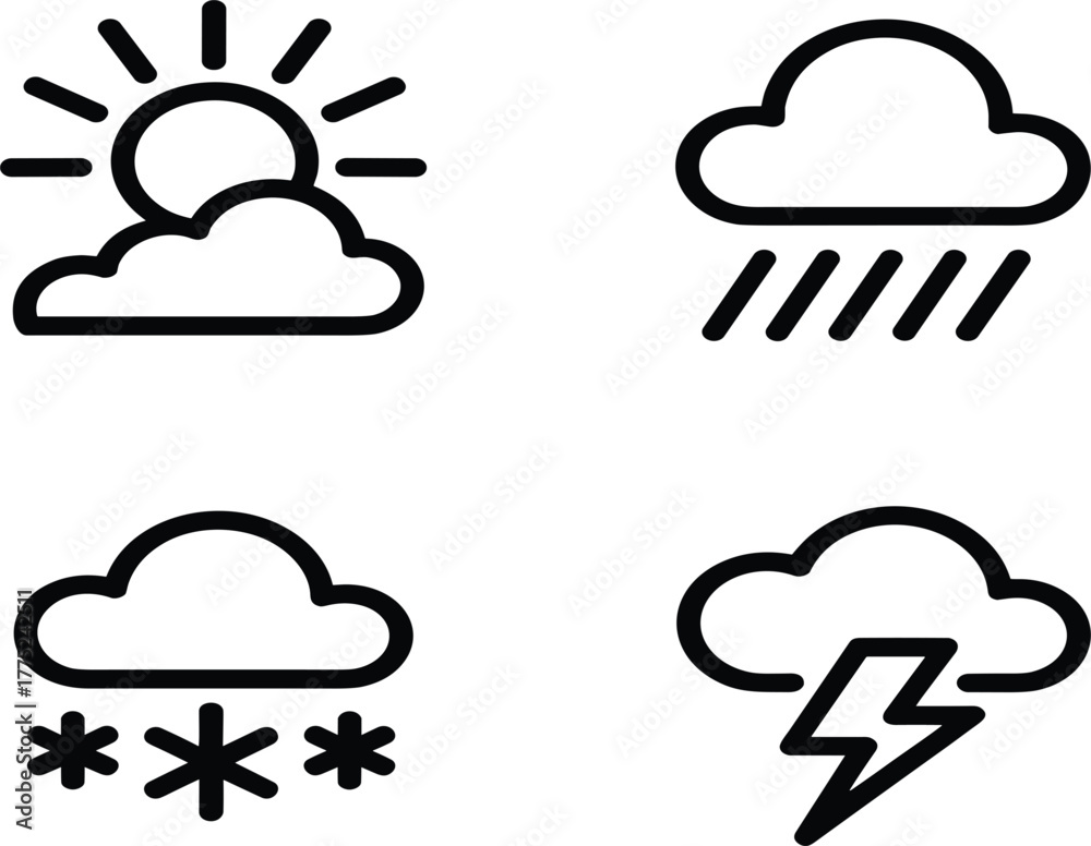 Fototapeta premium Weather Forecast Outline Icon Set: Sunny, Rain, Snow, and Thunderstorm Vector Graphics for Application Interface