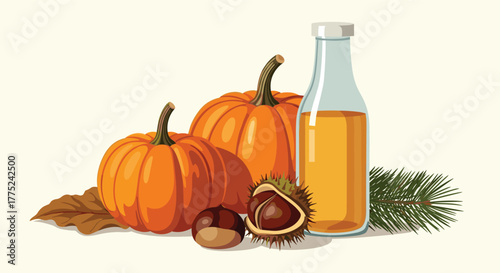 A charming autumn harvest arrangement with two orange pumpkins, chestnuts, a bottle of golden liquid, and seasonal foliage on a light background.