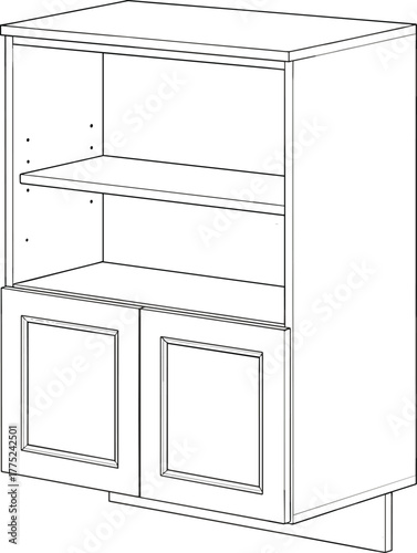 Minimalist line art illustration of a modern cabinet with open shelves and two doors, perfect for kitchen, office, or home storage design concepts and technical drawings.