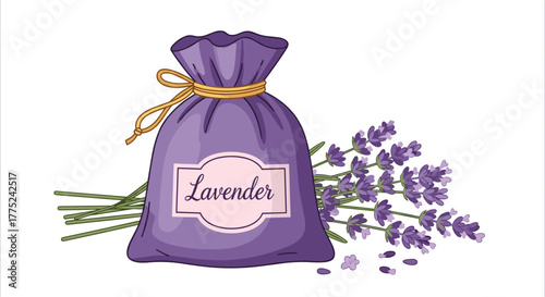 A charming illustration of a lavender sachet and fresh lavender sprigs, perfect for aromatherapy or relaxation.