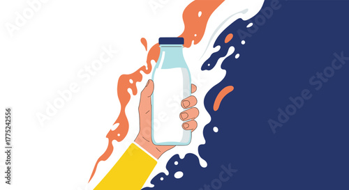 Hand holding a bottle of milk against a divided backdrop of white, orange, and blue, creating a whimsical, healthy beverage concept.