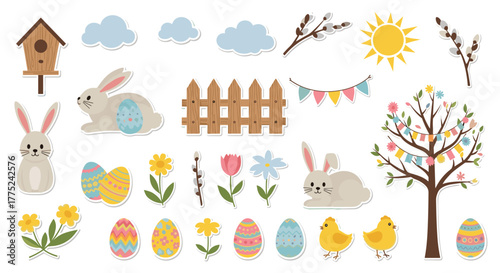 Festive Easter illustrations featuring bunnies, chicks, flowers, eggs, and nature elements create a cheerful spring scene.