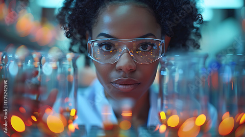 A scientist, wearing safety goggles, intently examines a chemical solution in a laboratory setting. The blue lighting creates a focused, professional atmosphere