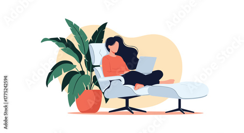 Woman relaxing on a chaise lounge with a laptop next to a large potted plant.