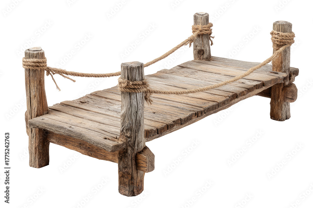 Naklejka premium Rustic wood dock with ropes. Isolated on black background