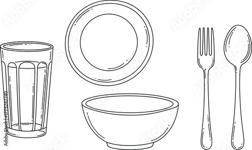 Simple line art illustration of a dining set with plate, bowl, glass, fork, and spoon, black and white vector graphic, tableware icon, kitchen utensil, meal setting, minimalistic design
