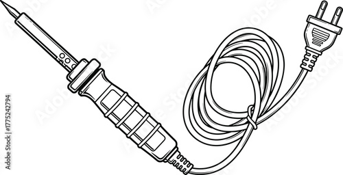 Soldering iron with coiled power cord and plug, black and white line art illustration for electronics repair, DIY projects, and technical manuals