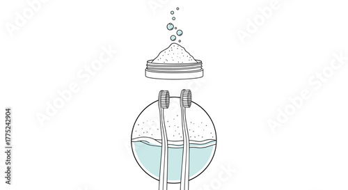 Dental hygiene illustration: toothbrushes in water with container of powder above, with bubbles rising.