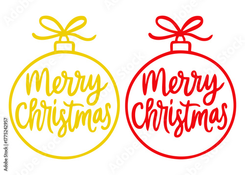 Logo con texto manuscrito Merry Christmas en bola de navidad en colores rojo y dorado, para tarjetas y felicitaciones de Navidad 