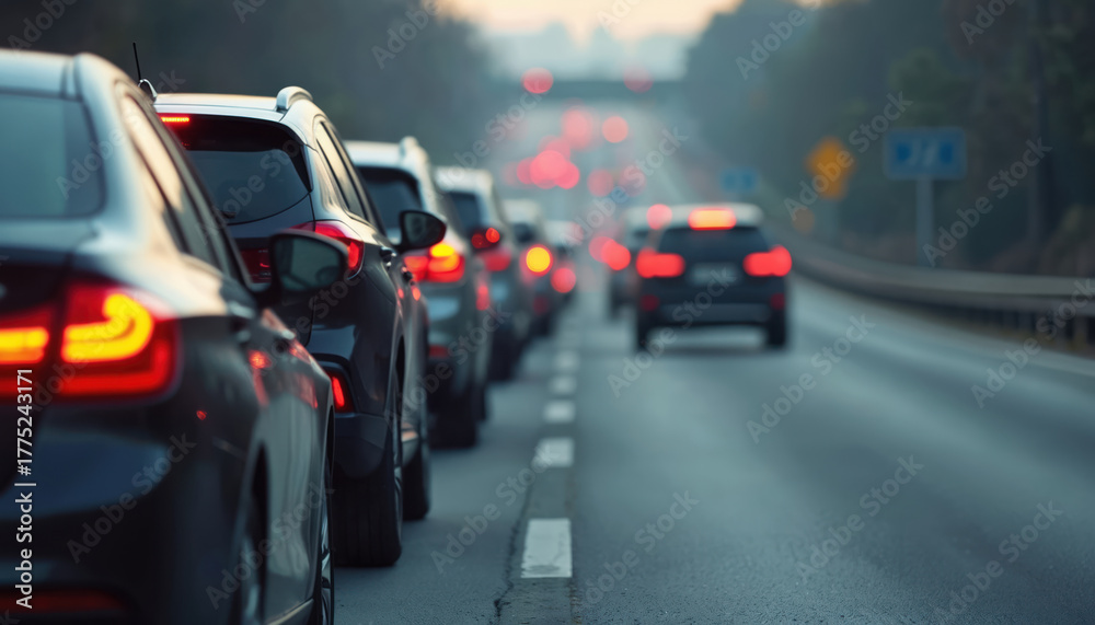 Fototapeta premium Cars stuck in traffic jam on highway. Tail lights illuminate in congestion. Roadway with vehicles illustrates transportation difficulties and urban life. Focus on cars shows travel problems.