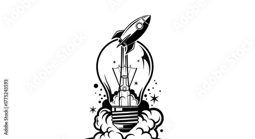 Rocket launching from lightbulb idea with transparent background