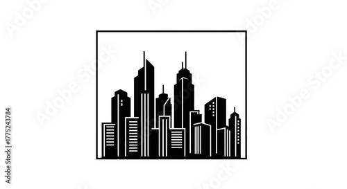 City skyline silhouette in square frame