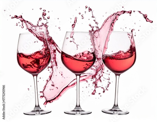 Dynamic Splashes of Red Wine in Three Glasses