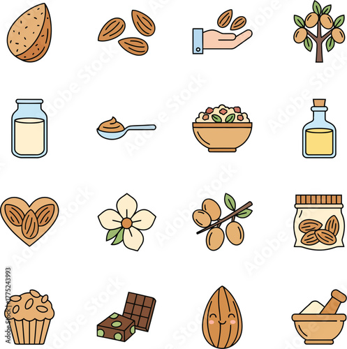 Set of colorful line art icons depicting almonds and related products.