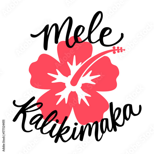 Mensaje con texto manuscrito Mele Kalikimaka alrededor de silueta de flor de hibisco. Logo Feliz Navidad en hawaiano.