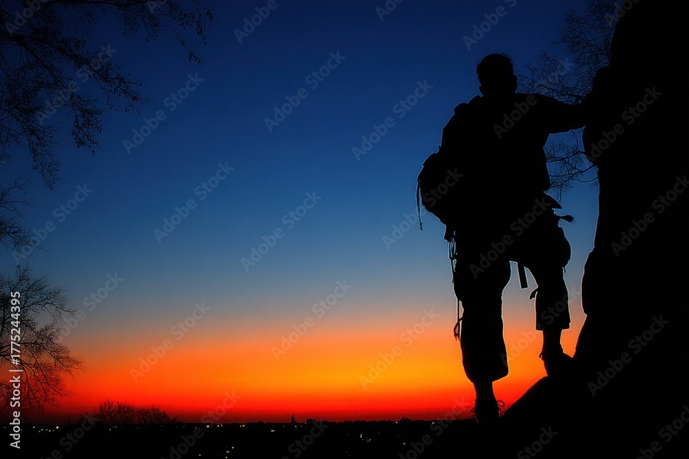 Fototapeta premium A climber silhouetted against a vibrant sunset, showcasing adventure and determination in a scenic outdoor setting.