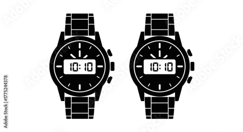 Identical digital watches displaying the same time a black and white icon