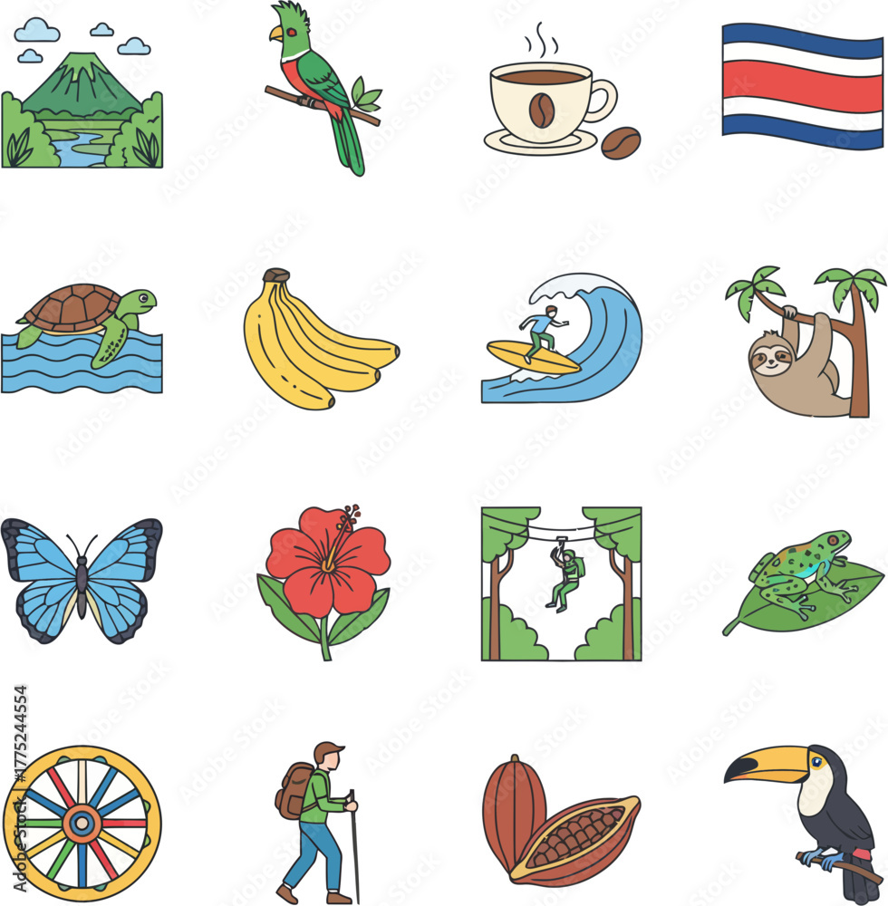 Obraz premium Colorful set of Costa Rica travel and culture icons vector illustration.