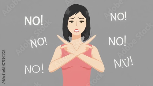 Woman with Crossed Arms Making a Stop Gesture, Surrounded by the Word 