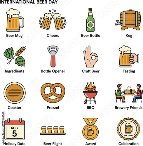 International Beer Day Celebration Filled Outline Icon Set.