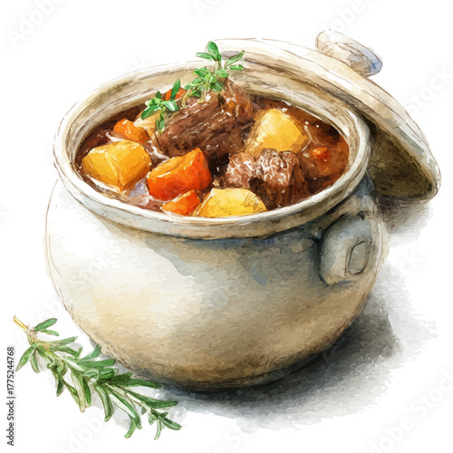 Beef Stew watercolor vector illustration, high-quality artwork isolated on a pure white background.
