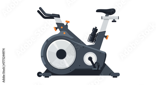 Illustration of a grey and white indoor exercise spinning bike on display