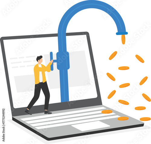 Businessman opens faucet valve to control money outflow
