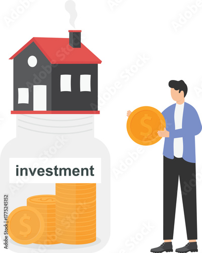Flat illustration of businessman think between paying off mortgage and investing in stock market for profit symbolizing tough financial decision
