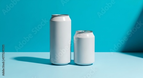 Wallpaper Mural Two blank white aluminum cans, one tall and one short, on a blue surface Torontodigital.ca