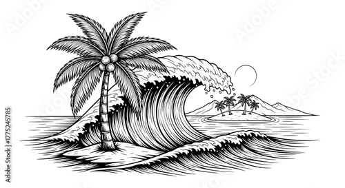 Tropical island wave with palm tree and crescent moon