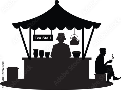 Tea Stall Serenity: Silhouette captures an intimate moment at a tea stall. A vendor prepares, and a customer sips, creating a moment of quiet enjoyment amidst the backdrop of everyday life.
