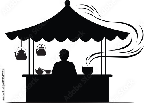 Serene Tea Stall: Silhouette of a tea stall showcases a tranquil setting. with person behind counter and tea pot hanging from roof 