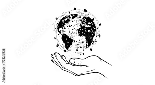 Earth in hand with leaves and network connections
